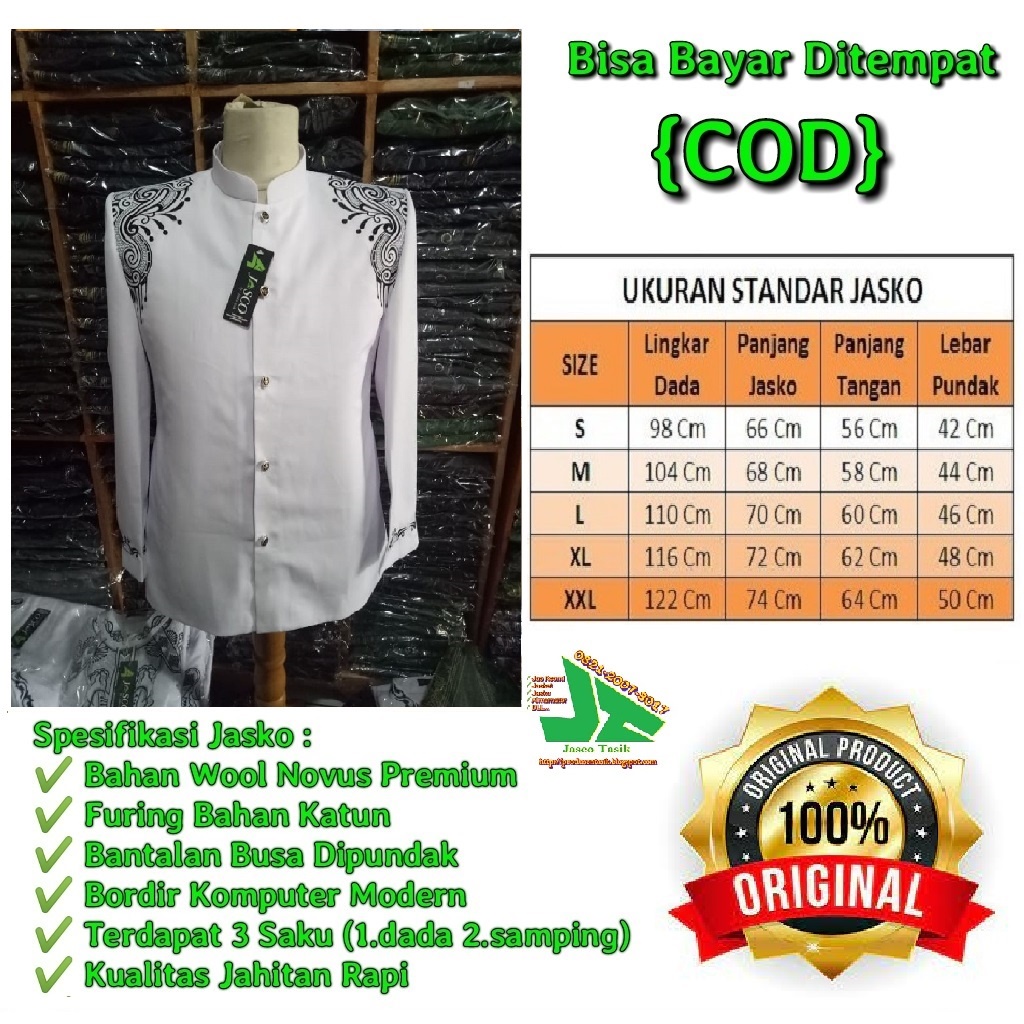 Jasko putih motif kepiting jaskoko bordir lengan panjang baju koko dewasa brans jasco tasik