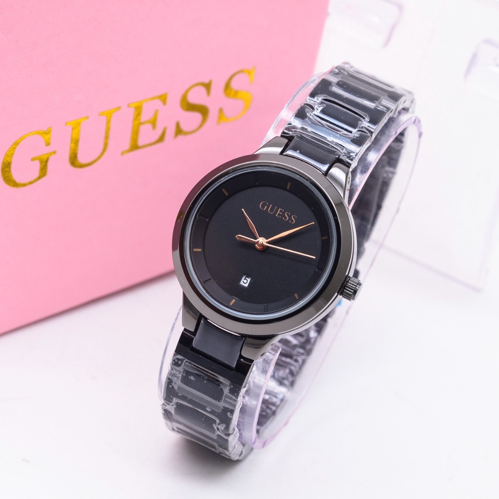 JAM TANGAN WANITA GUESS RANTAI STAINLESS BULAT TANGGAL AKTIF FREE BOX PINK &amp; BATERAI CADANGAN || JAM TANGAN FASHION CEWEK MURAH GC