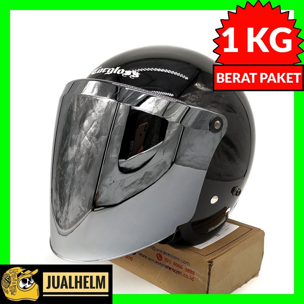 Helm Cargloss Retro Black Glossy + Kaca Snail Silver