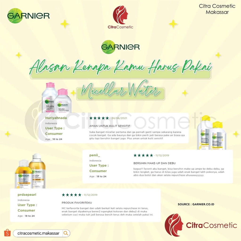 Garnier Clean Micellar Water Pink | Blue Biru | Bi-phase Oil | Vit C Kuning | Rose Water 400Ml