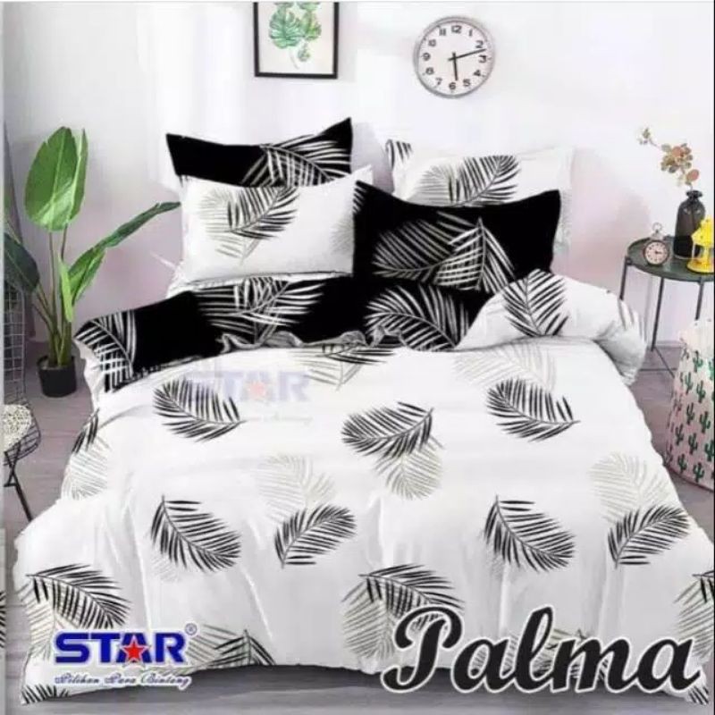 Bahan kain sprei meteran katun star motif monstera palma hitam putih