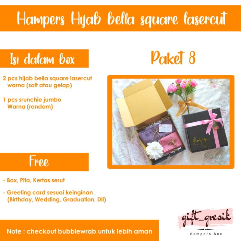 

Hampers hijab/Gift box hijab/Paket 8/Hijab bella square lasercut/Kado ulang tahun/Wisuda/Nikahan