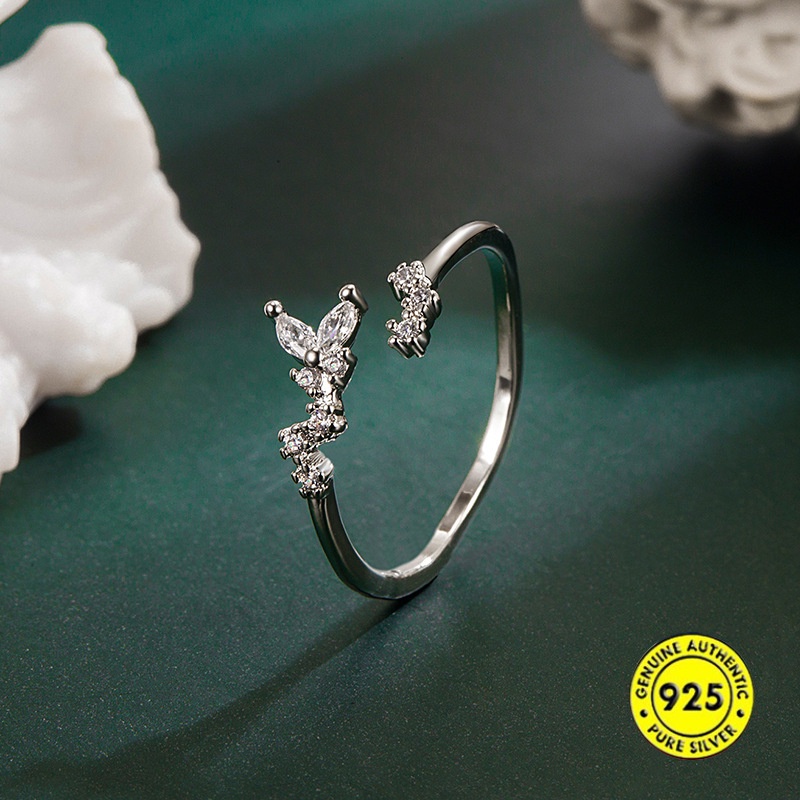 Cincin Sterling Silver 925 Model Terbuka Desain Kupu-Kupu Hias Berlian Untuk Wanita