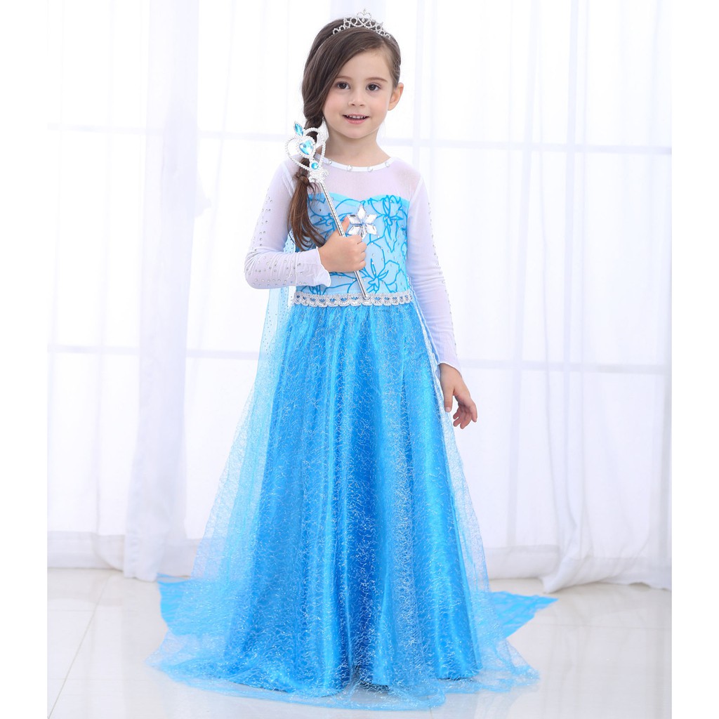 Gaun Elsa Frozen Satin Dengan Sayap Biru Dress Pesta Anak Impor