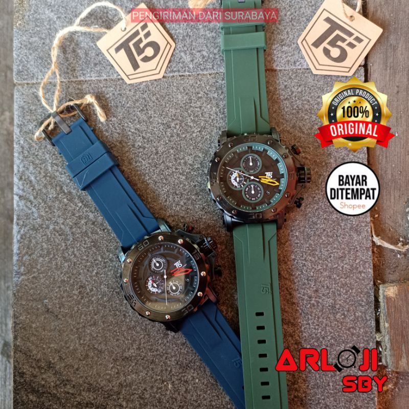 JAM TANGAN PRIA T5 H 3865 ORIGINAL TAHAN AIR 3 ATM CHRONO GREEN STRAP FREE BOX PAPPER BAG BUFF