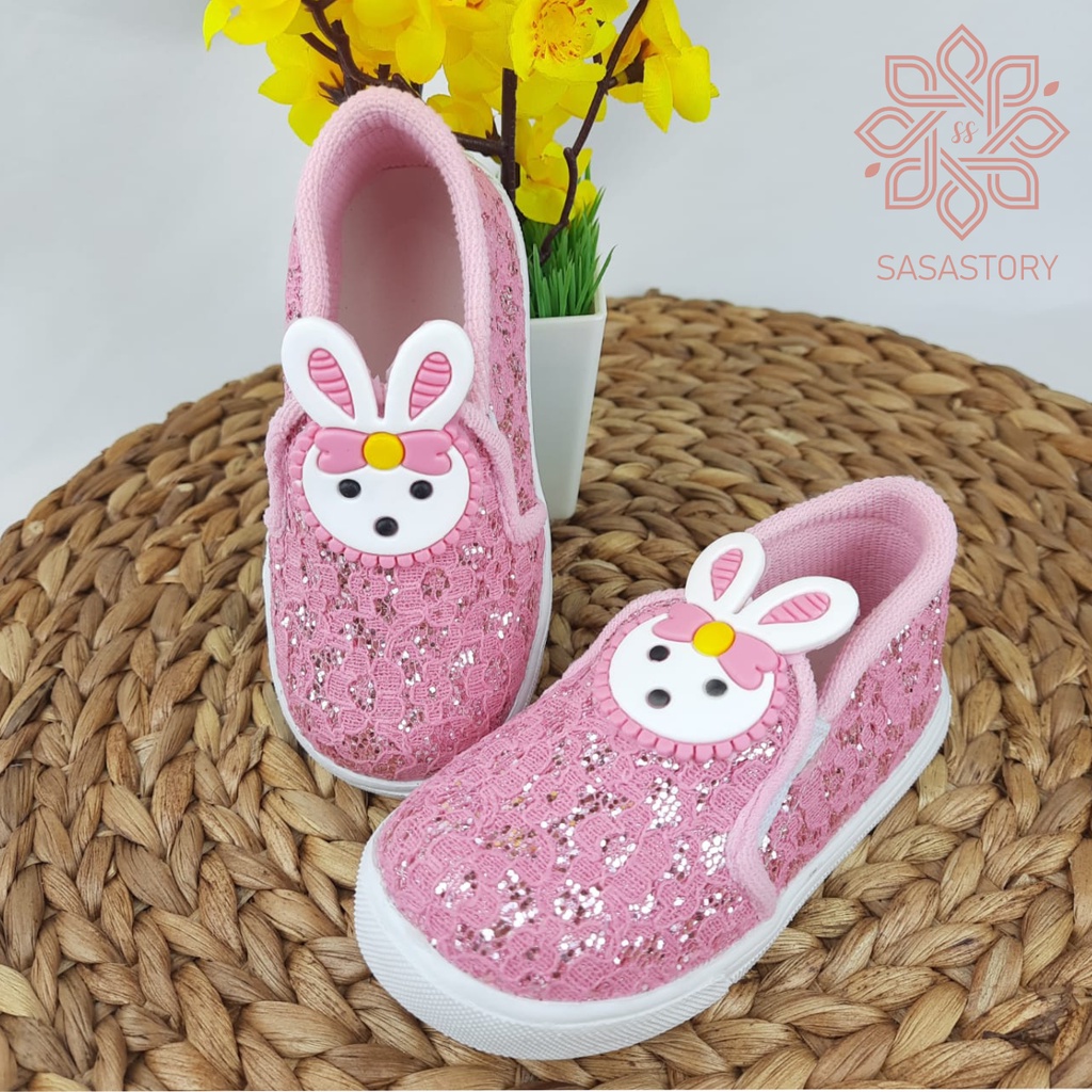 Sasastory Sepatu Pesta Slip On Brokat Anak Perempuan Usia 1 2 3 4 5 6 Tahun Pink Fanta CA25