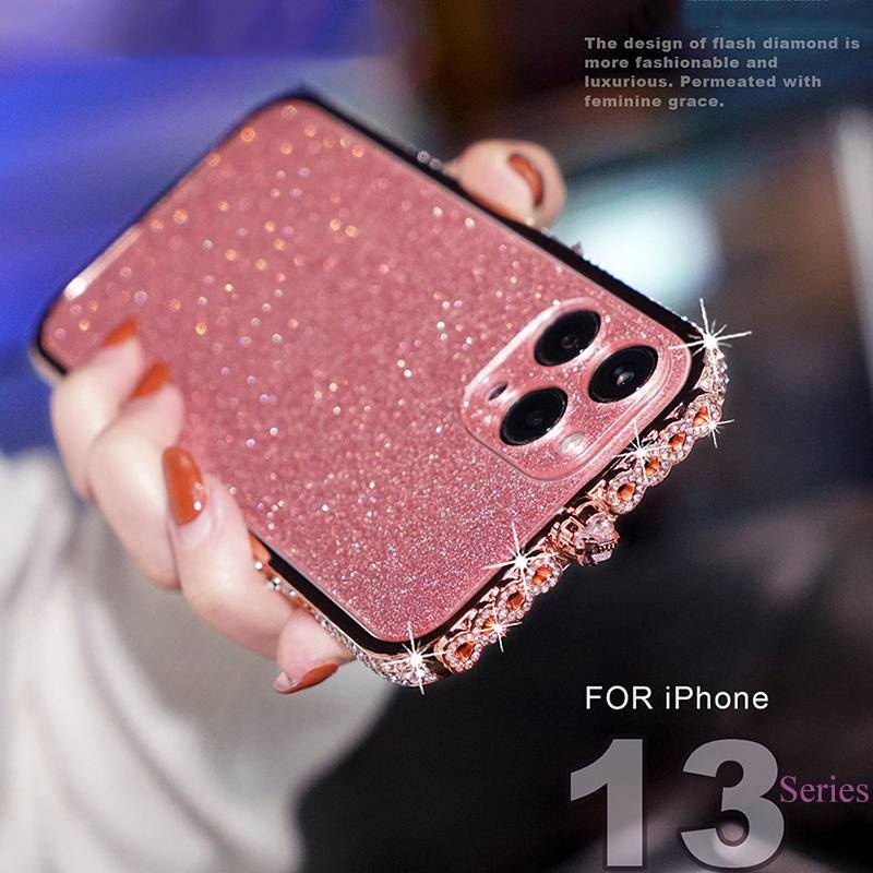 Casing Bumper Akrilik + Stiker Glitter Motif Hati Untuk Iphone 13 12 11 Pro Max XS Max Xr X XS