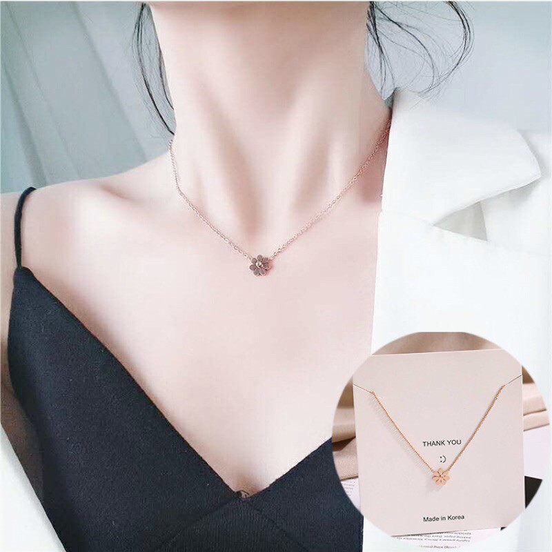 256# Kalung Wanita titanium lapis emas 18k model Tumbungan Bunga Kecil rosegold-1