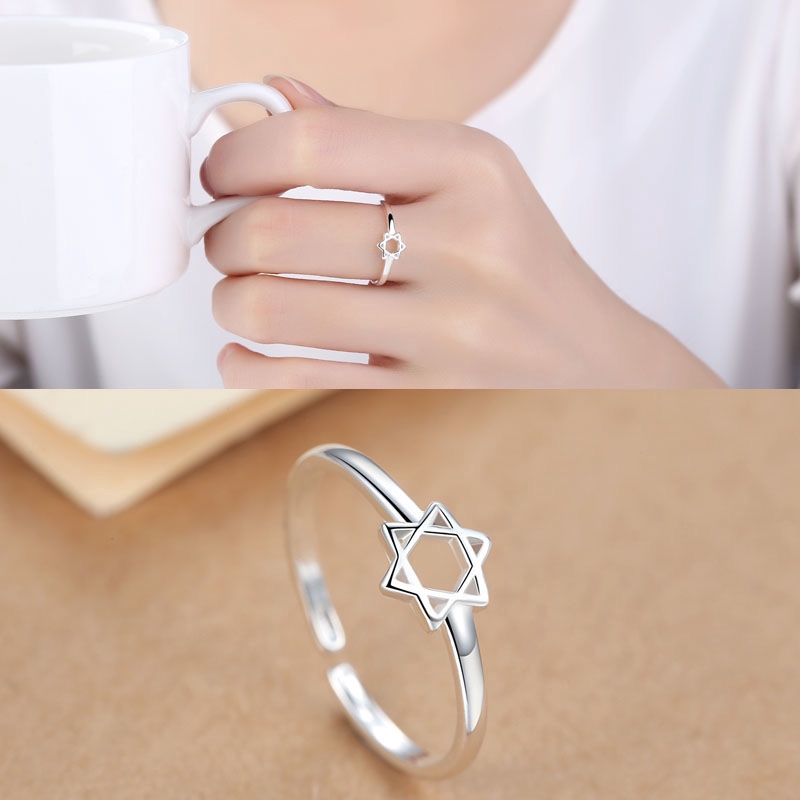 Cincin Model Terbuka Adjustable Desain Bunga Bintang Warna Silver Gaya Korea Untuk Wanita