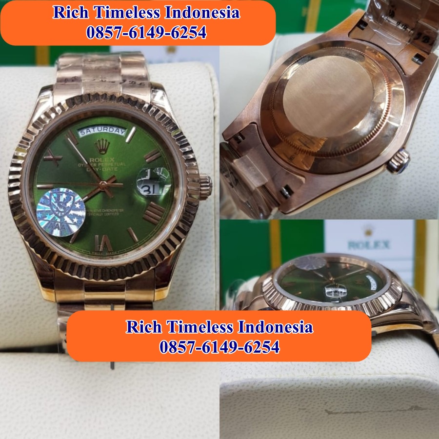 Big Sale  Jam Tangan Pria Terbaru Merk Rolex Day-Date Stainless Rosegold Dial Green Jam Tangan Kasua