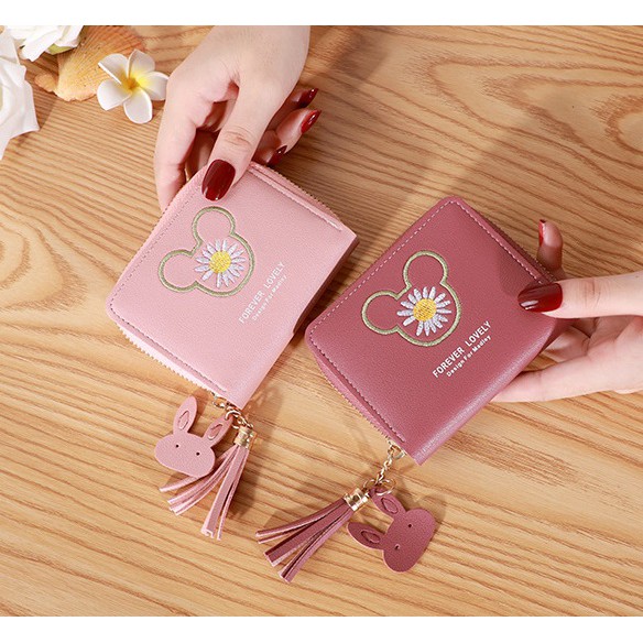 W03 Dompet Kulit Mini Pendek Wanita Cewek MK Daisy Flower Kartu Zipper Resleting Koin Wallet Woman