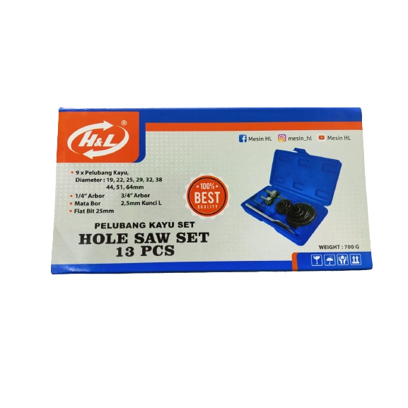 Holesaw H&amp;L Set 13Pcs Pelubang Kayu set