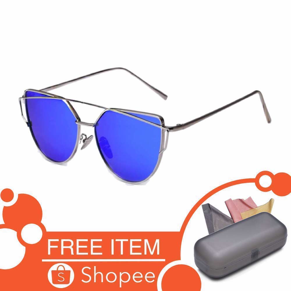 Anti UV Eye Cat Sunglasses [ Biru Tua Gold ] Pria dan Wanita [Desaign Korea] NY Free Kotak Kacamata