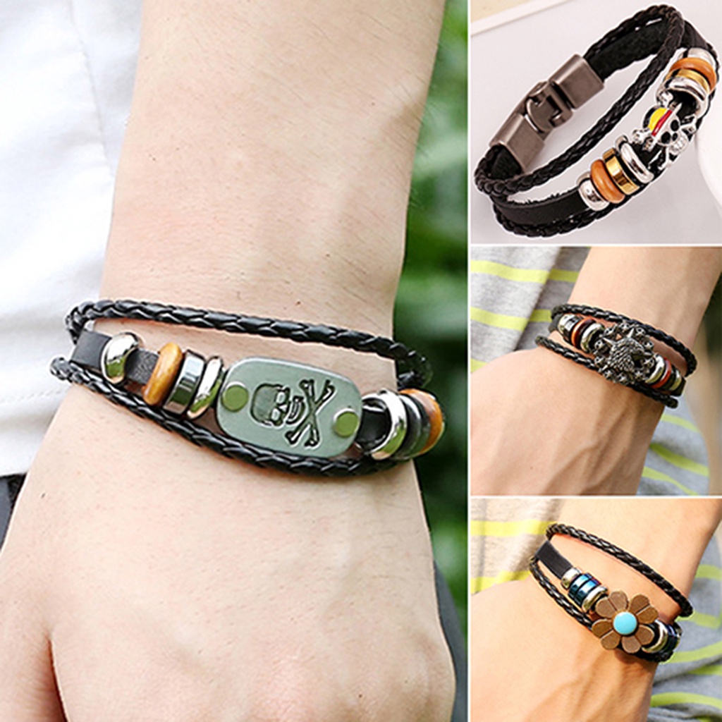 Hu Hu Hu Hu Hu Alat Bantu Pasang Kacamata♡ Gelang Bangle Retro Punk Kulit Imitasi Multilayer Aksen Manikmanik Bunga Untuk Priawanita