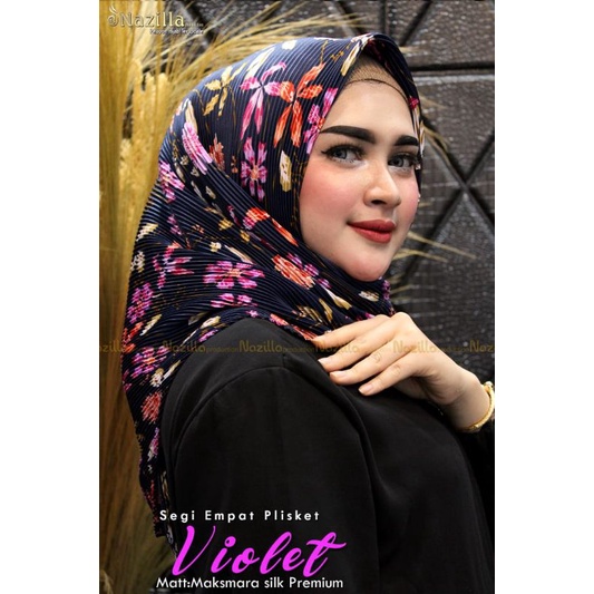 Jilbab Segi Empat Motif Plisket Polycatton Ori Nazilla-Violet Navy