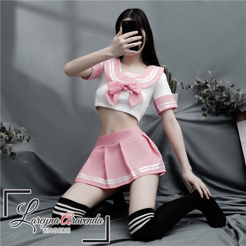 Lingerie + Rok Seksi Fit M/L/XL Kostume Pelajar Pink Dasi Kupu Kupu LG401