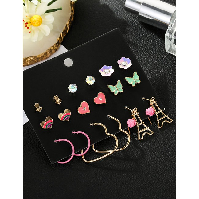 LRC Anting Set Fashion Color Butterfly Drops Oil Tower Stud Earrings Set D42522