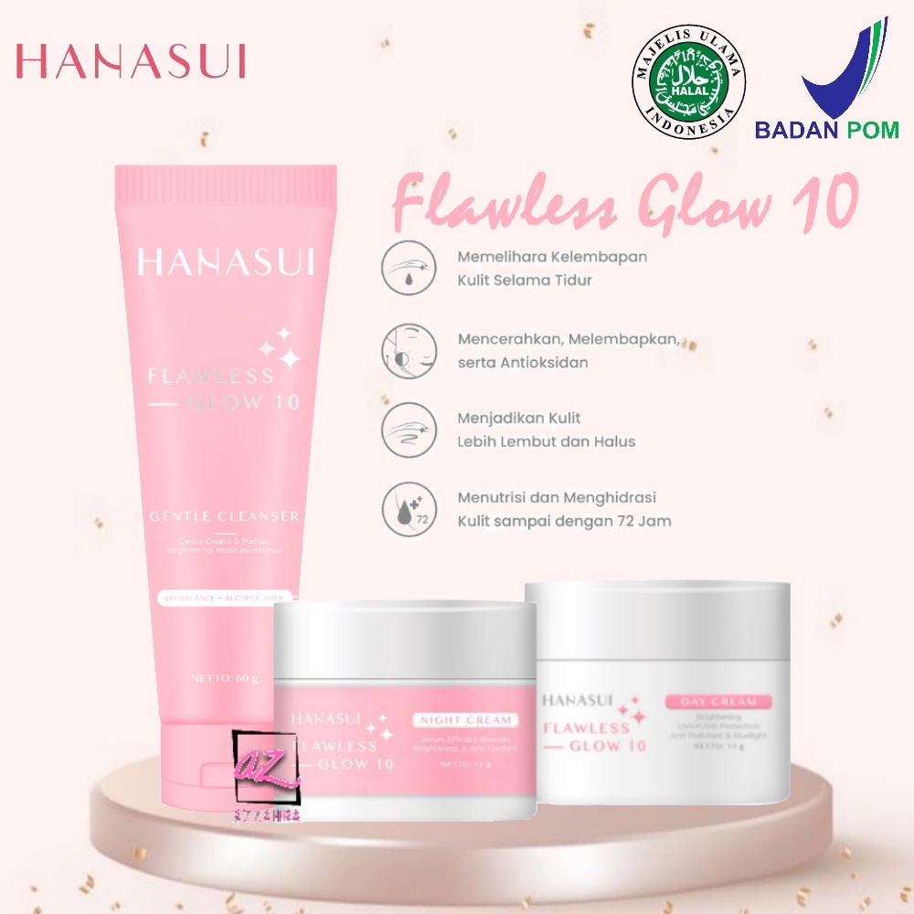 HANASUI Flawless Glow 10 Paket Day Cream, Night Cream, Gentle Cleanser- 3pcs