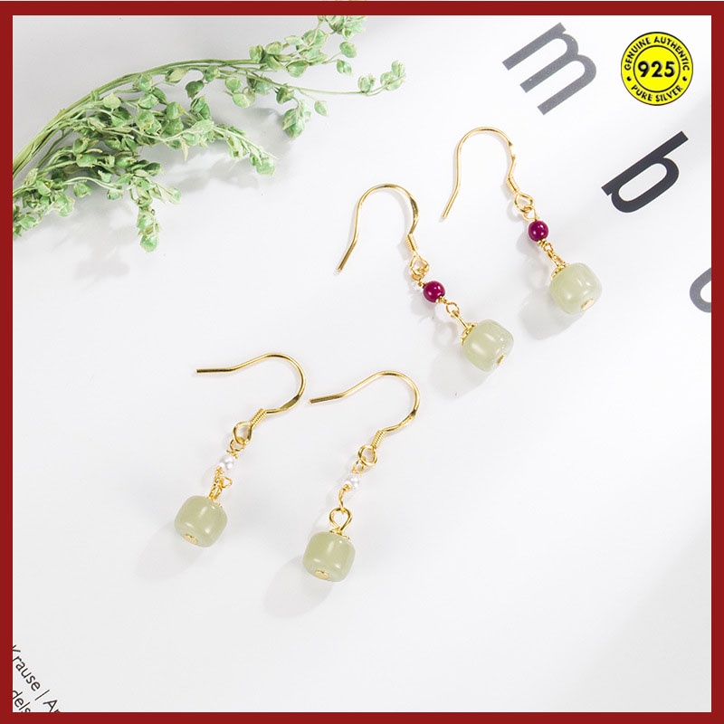 Anting Kait Gantung Sterling Silver Hias Mutiara + Giok Merah Gaya Retro / Mewah High Grade Untuk Wanita