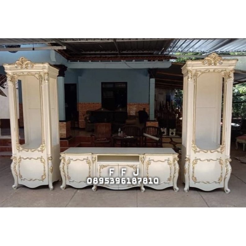 kabinet tv / set meja tv / bufet tv  duco putih kayu jati bufet tv mewah