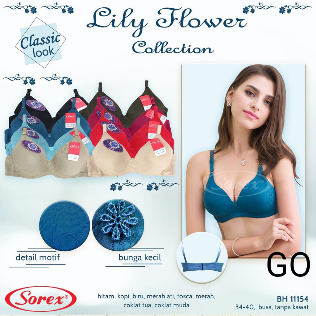 gof Sorex Bra Tanpa Kawat Full Cup Kait 2 Busa Sedang setara cup B Lily Flower 11154