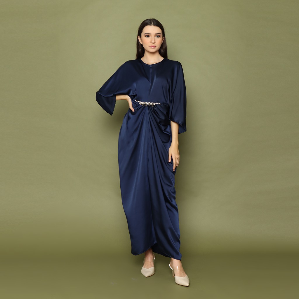 Kaftan Wanita Payet Bahan Satin Mewah Warna Navi Gamis Lebaran Terbaru Syari Kaftan Busui Navy Murah