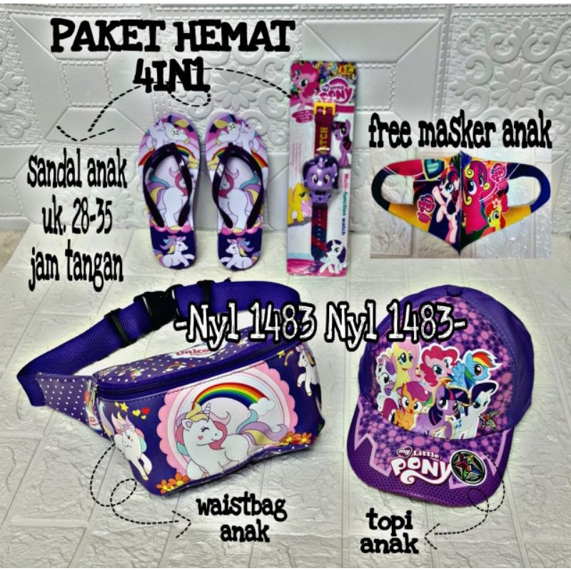 REAL PICT | paket hemat 4in1 tas selempang anak waistbag free topi / sandal / jam tangan