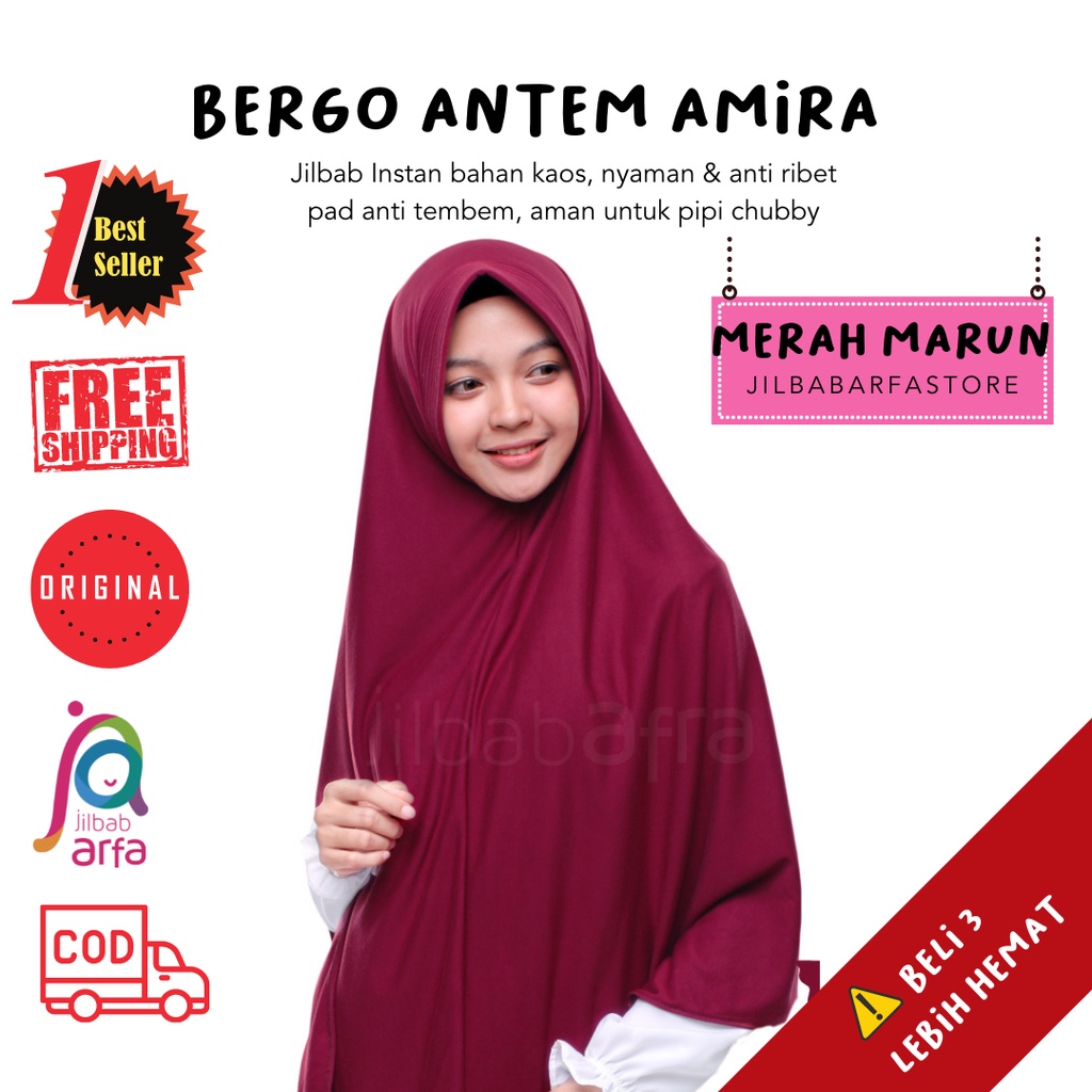 Jilbab Amira Merah Maroon  - Bergo Pet Antem - Jilbab Afra - Hijab Instan Bahan Kaos, Adem,& Lembut