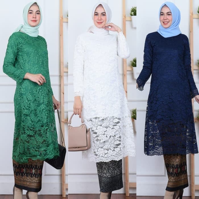 SETELAN KEBAYA BROKAT KURUNG TUNIK WARNA IJO BOTOL/PUTIH/NAVY