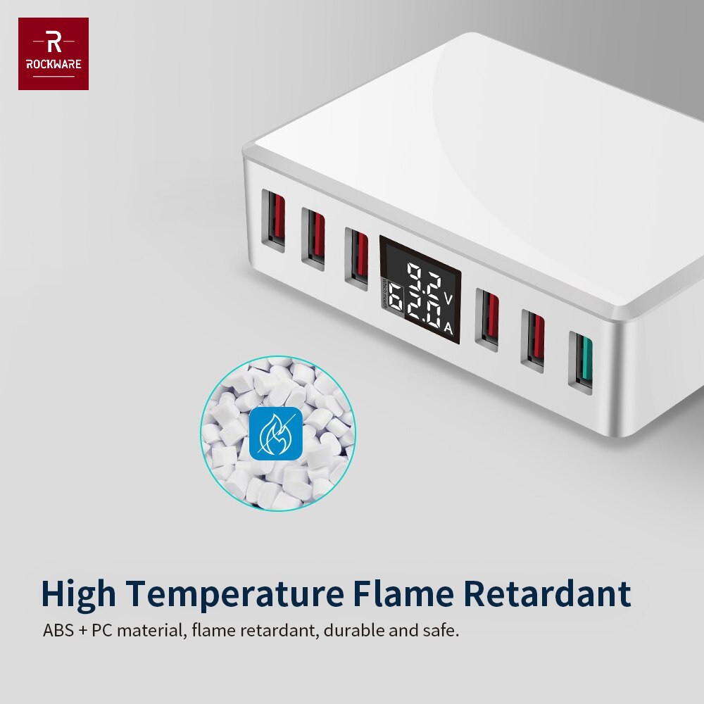 ROCKWARE WLX-T9 Plus - Intelligent 6 USB Charger LED Display - 40W (Charger Multiport Universal)