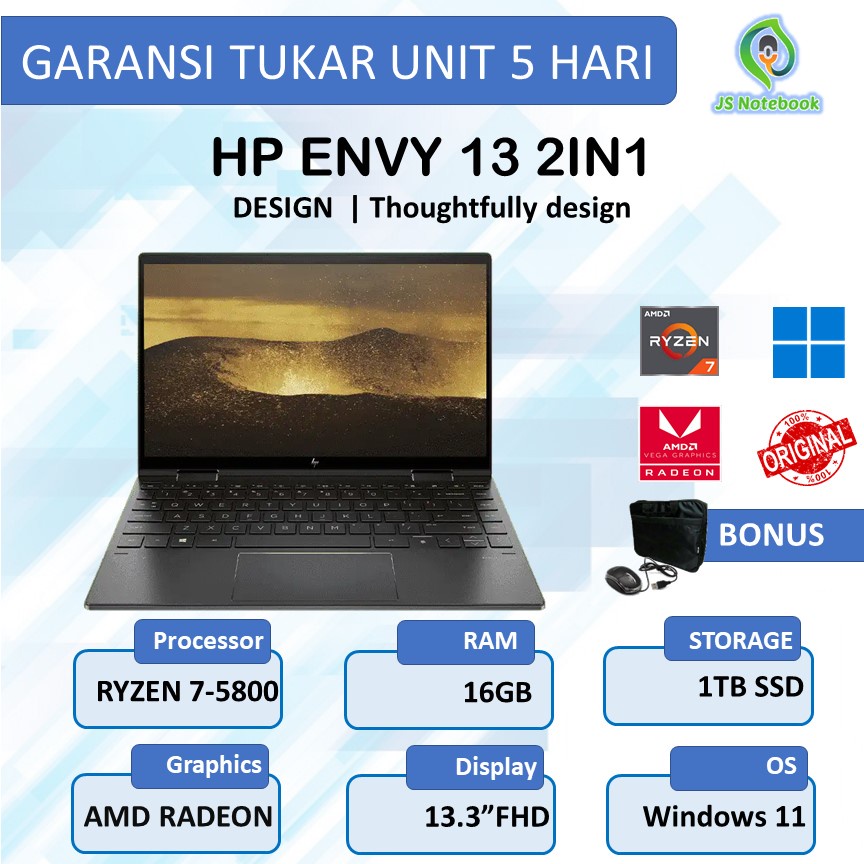 HP ENVY X360 13 2IN1 TOUCH RYZEN 7 5800 16GB 1TBSSD VEGA8 W11+OHS 13.3FHD IPS NIGHTFALL BLACK