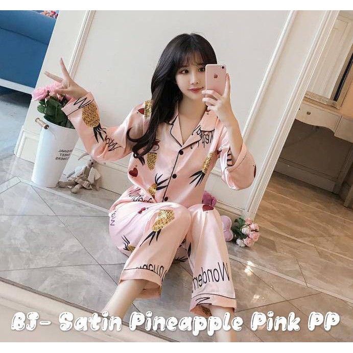 Setelan Baju Tidur Satin Pineapple Pink Lengan Panjang Premium