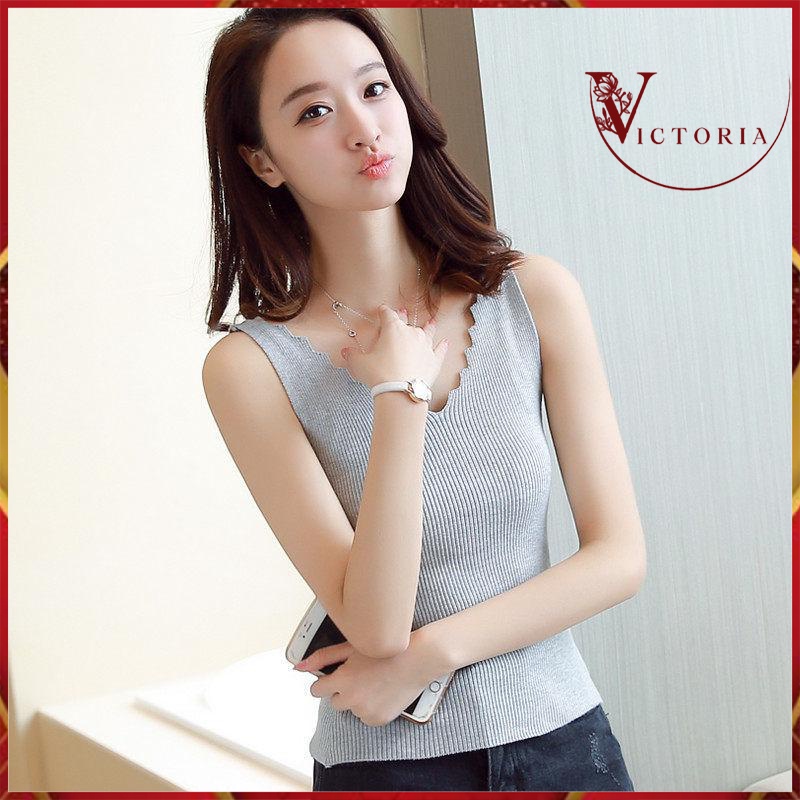 Victoria Tank Top Wanita Rompi Rajut Tanpa Lengan Model V-Neck Import Gaya Korea 4035