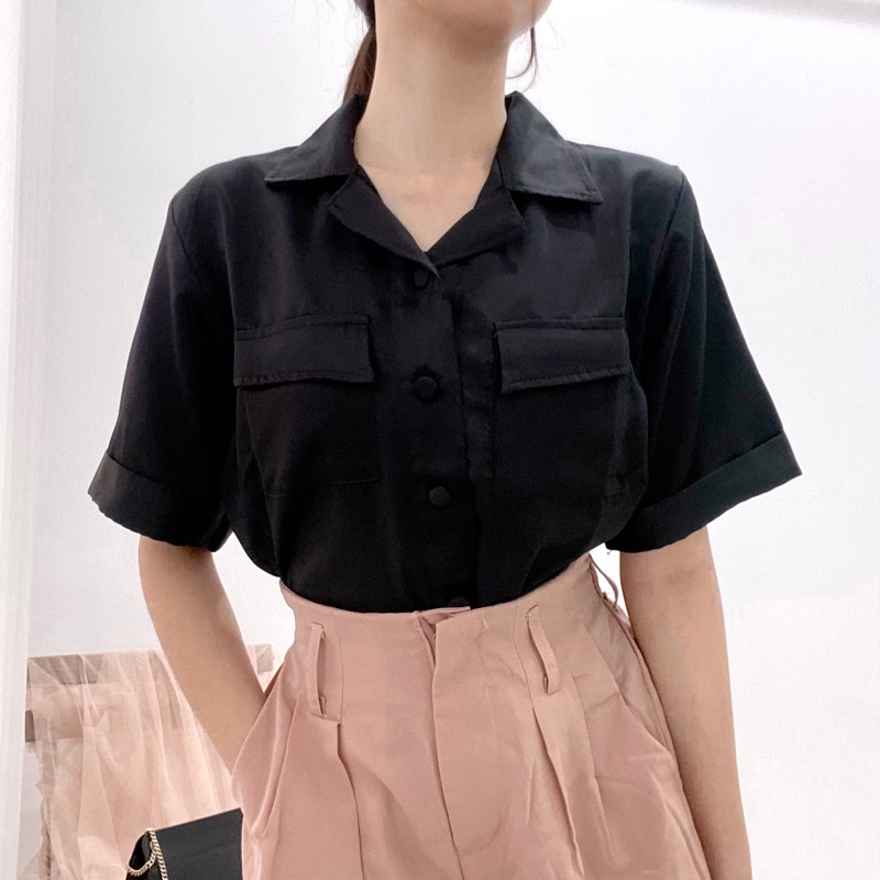 MINERVA Blouse Outer / Atasan Satin Korea / Blouse Kerja Wanita / Outer Kasual Murah / Atasan Lengan Pendek Berkerah 0381