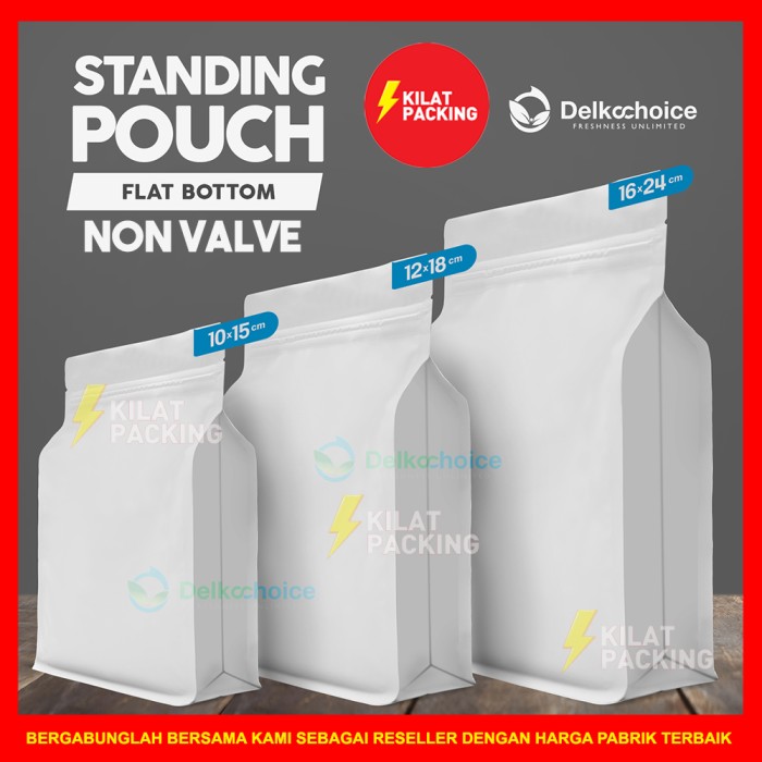 

PROMO STANDING POUCH KEMASAN FLAT BOTTOM PUTIH PREMIUM TERMURAH SATUAN - 10CM X 15CM