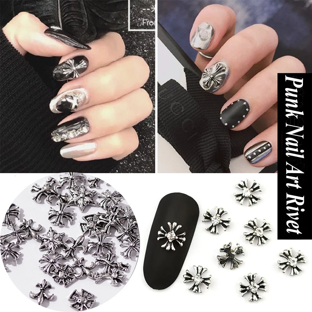 MXBEAUTY Mixed Cross Metal Rivet Silver DIY Nail Art Decorations 3D Nail Rivets Gold Charm Manicure Accessories 50Pcs/Pack Punk Style Vintage Nail Studs Jewelry/Multicolor
