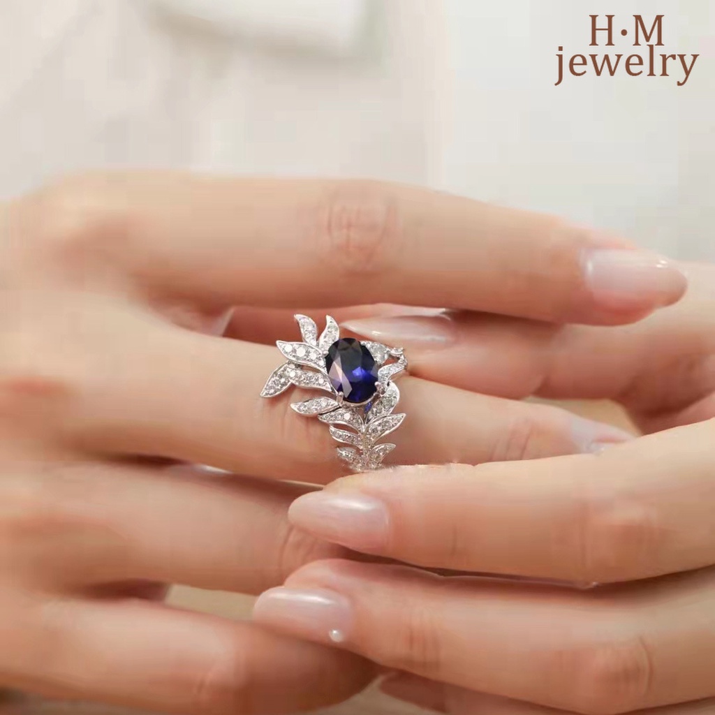 Cincin S925 Silver Model Terbuka Desain Sayap Aksen Berlian Sapphire Warna Biru