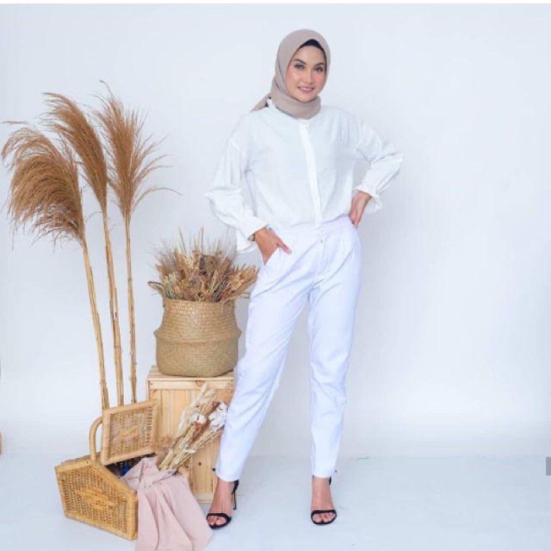 JUMBO BAGGY PANTS PREMIUM AMERICAN DRILL BIG SIZE 4L 5L 6L-WHITE