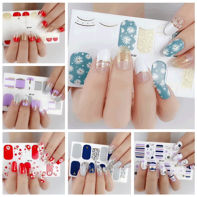 0148-0163 14pcs / Lembar Stiker Kuku Palsu Warna Bronzing Untuk Nail Art Diy