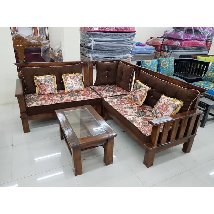 SOFA KAYU TAMU SUDUT L FULL JOK KAYU 