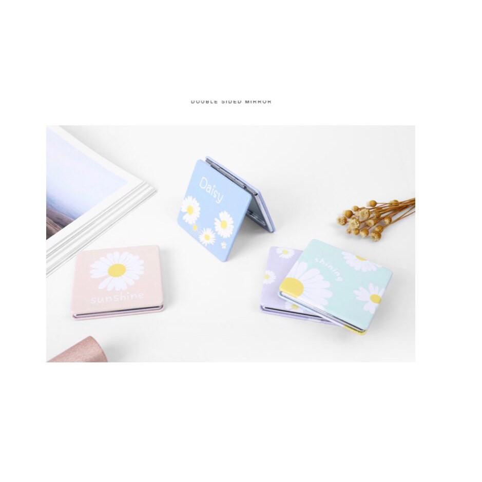 KACA SAKU PORTABLE CERMIN LIPAT UNIK LUCU PREMIUM BANYAK MODEL KACA MAKE UP PERBESAR 2X-DAISY BIRU MUDA