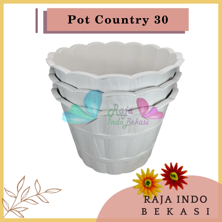 Pot Shallom Country 30 Putih Pot Motif Gentong Kayu Tebal Cantik Pot Bunga Putih Besar Murah - Pot Motif Bambu Putih