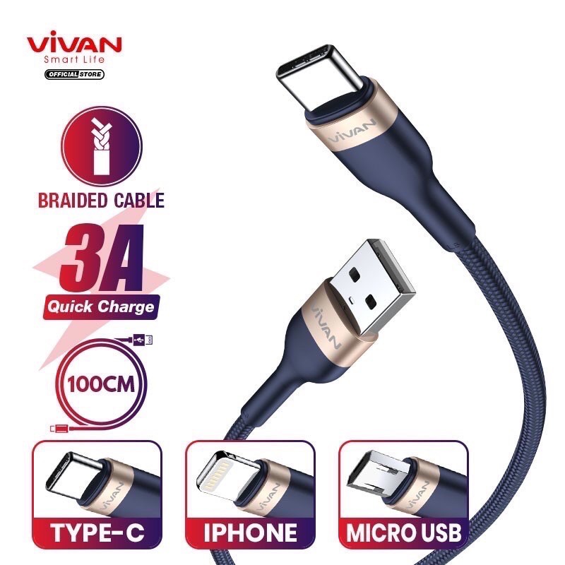 Kabel Data VIVAN 3Q Micro Type C Iphone 100cm Nilon Fast Charging 3A VXM 100 VXC100 VXL100