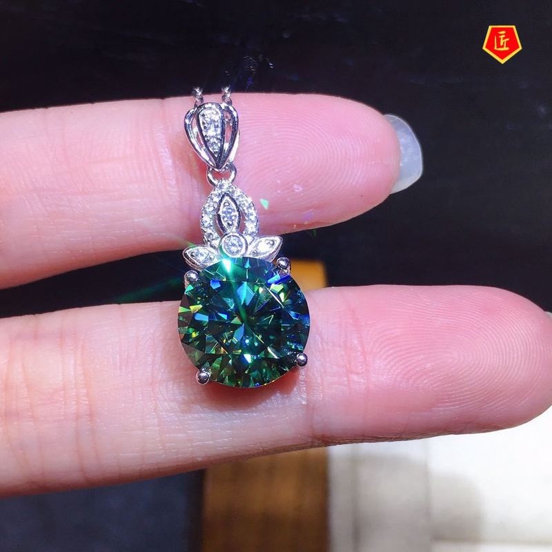 [Ready Stock]Blue Green Moissanite Pendant 3 Karat Carbon Diamond Necklace Elegant Fashion