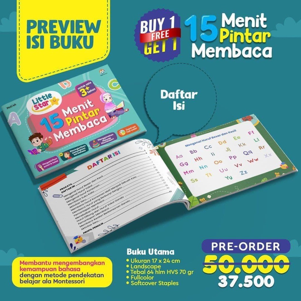 Buku 15 Menit Pintar Membaca [Little Star] - Bonus Buku Menulis dan Berhitung - Original Full Color