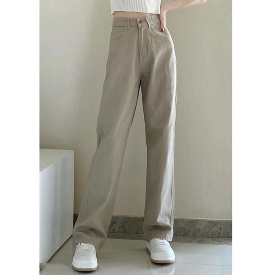 Celana Jeans Longgar Wanita Pinggang Tinggi Khaki Muda Korea Baru