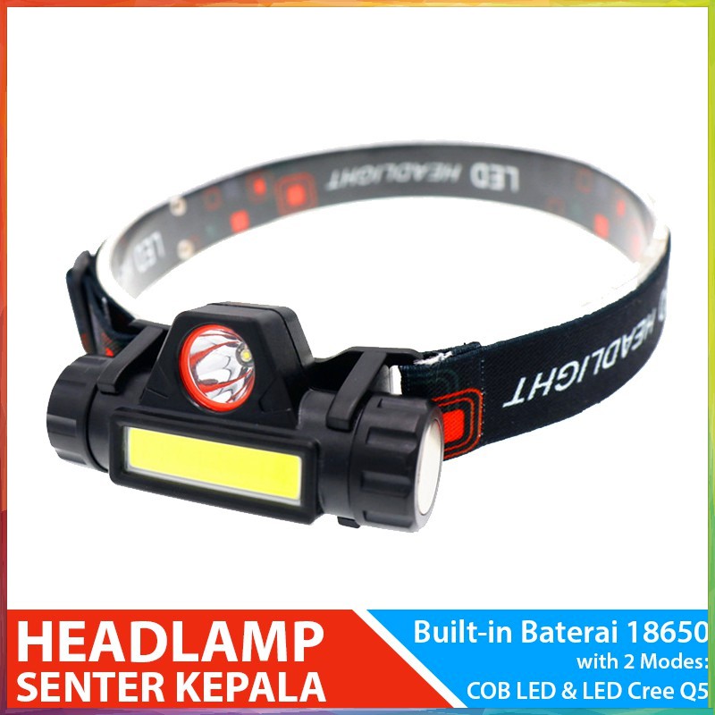 Headlamp LED Cree Q5 + LED COB Headlight Senter Kepala Emergency Darurat Camping Hiking