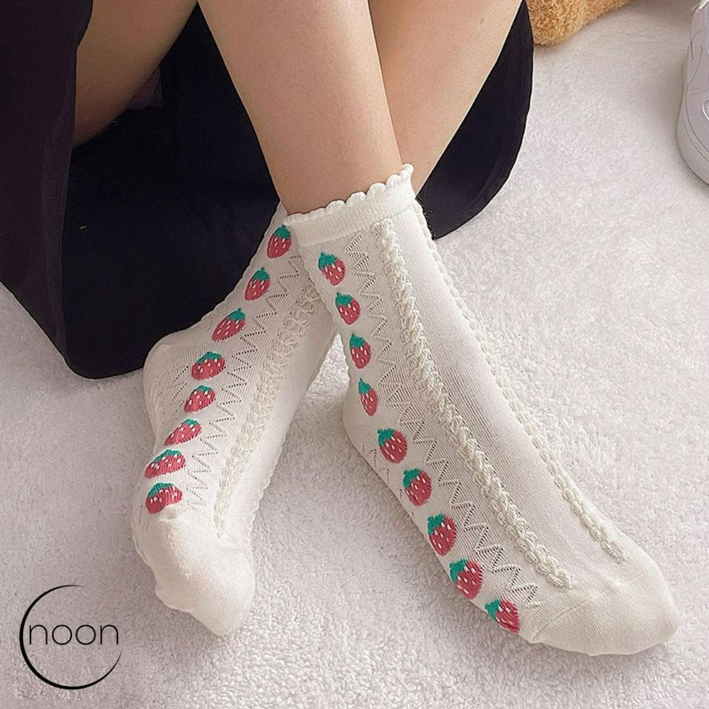 NOON (Provence Alley) Kaos Kaki Wanita Dewasa Korea Vintage Retro Gothic Old school Kerja Sekolah Kantor Dewasa Motif Buah Lucu Imut Katun Import Impor Pendek Atas Mata Kaus Kaki Hitam Cream