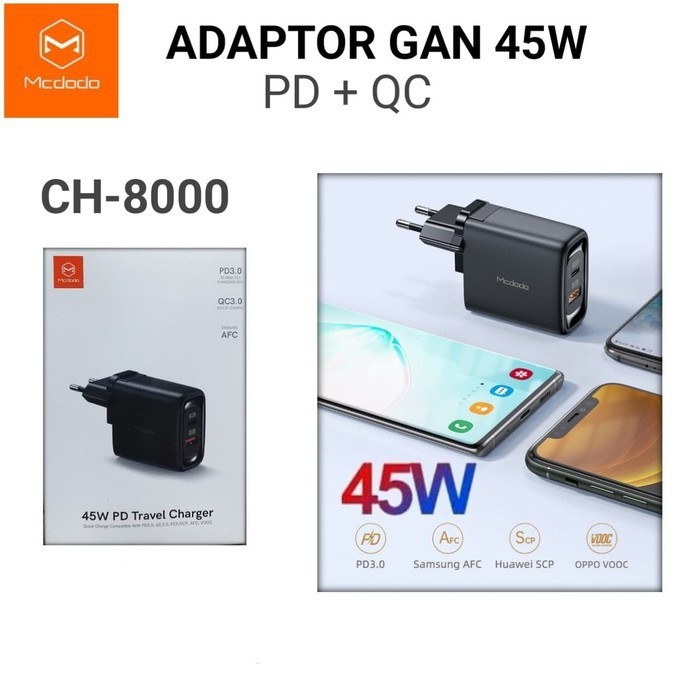Mcdodo Charger USB + Type C 45W PD3.0 QC3.0 VOOC Fast Charging CH-8000