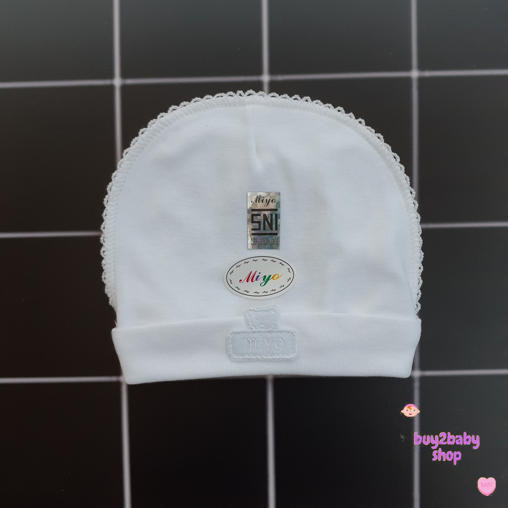 Topi bayi newborn model bulat dan tali MIYO Premium Pearl White 1 PCS